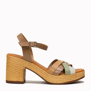 5469 Spanish leather crossed strappy sandals in block heel in Tan