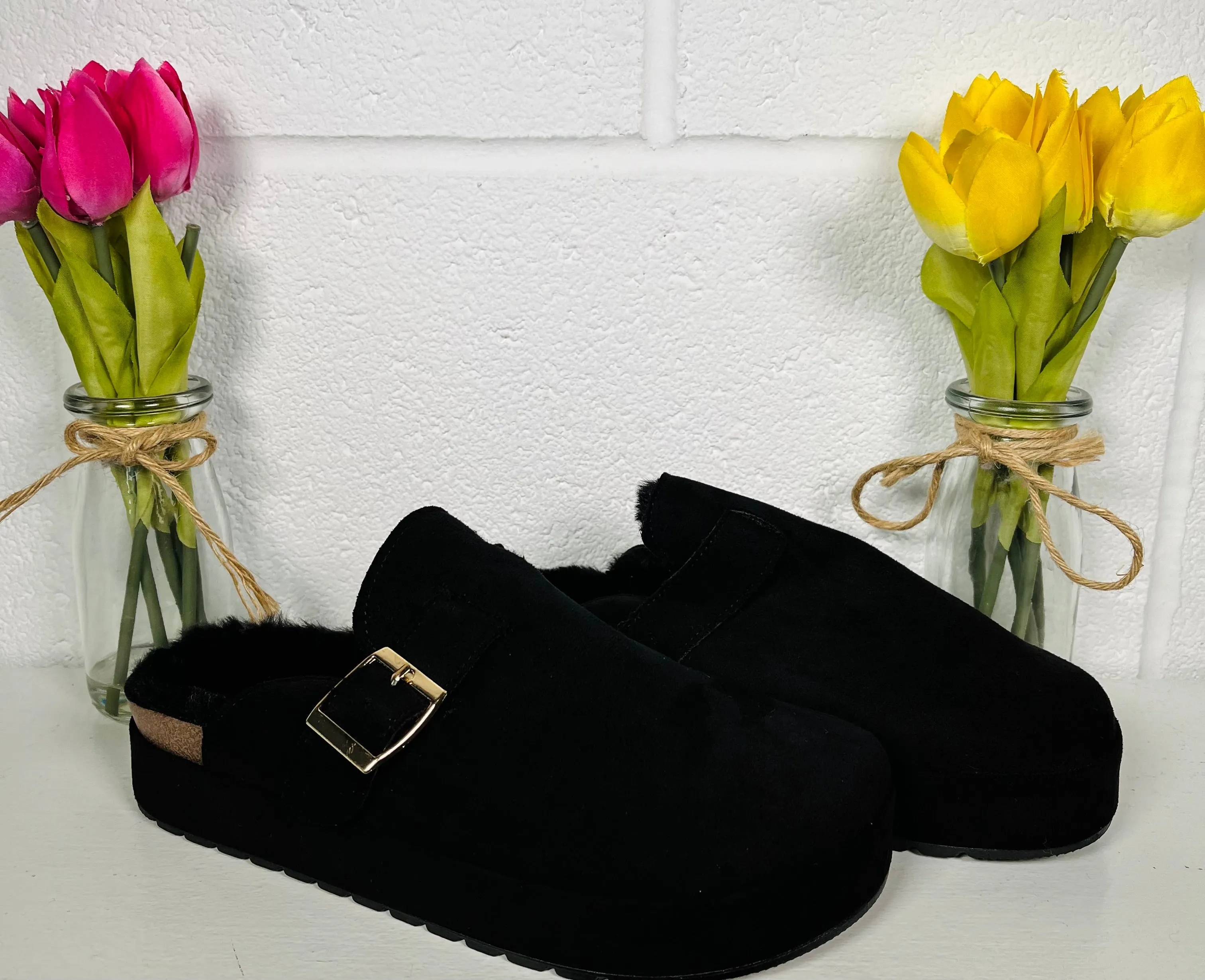 Alena Faux Fur Clogs - Black