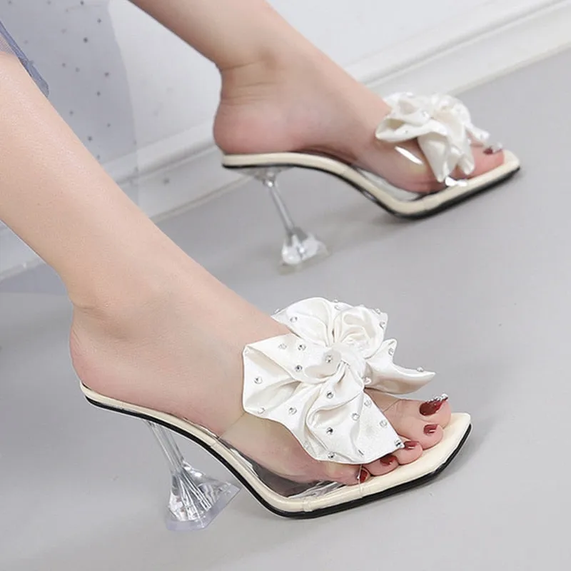 Amozae-Women Slippers High Heels Bowknot Plus Size Woman Sandals Summer Shoes PU Fashion Ladies Plus Size Elegant Footwear 2024