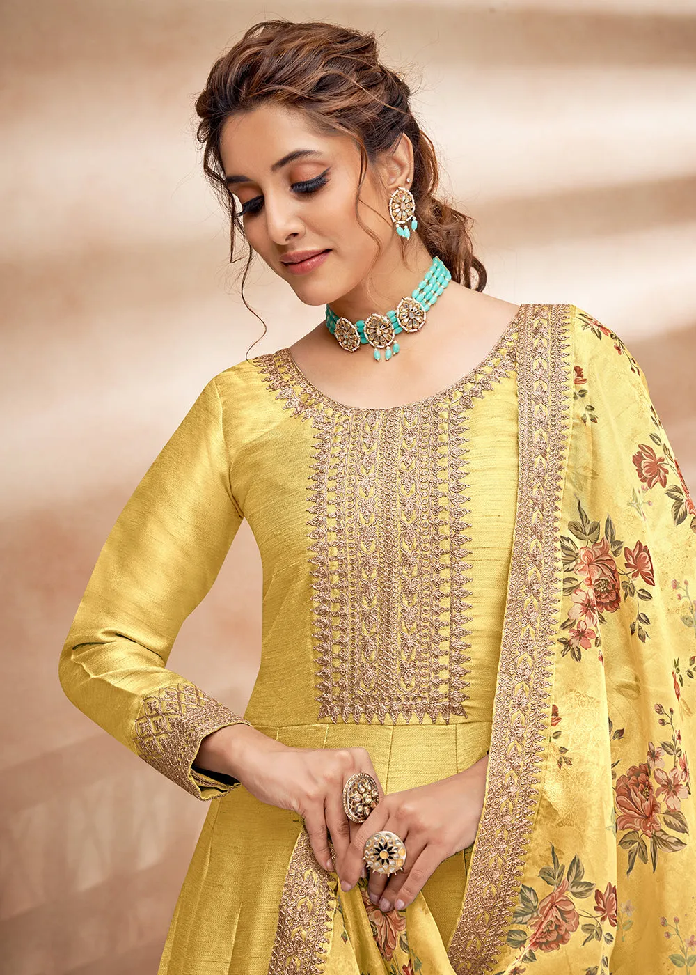 Cute Yellow Art Silk Embellished Wedding & Party Wear Anarkali