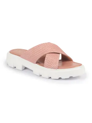 FAUSTO Women Pink Open Toe Cross Strap Textured Slip On Platform Heel Sandal With Cushioned Footbed|Height Enhancer Slippers