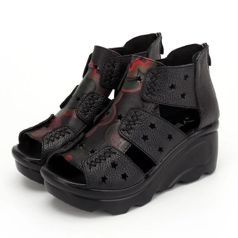 GRCL0254 Women's Handmade Leather Wedges Casual Shoes Sandals