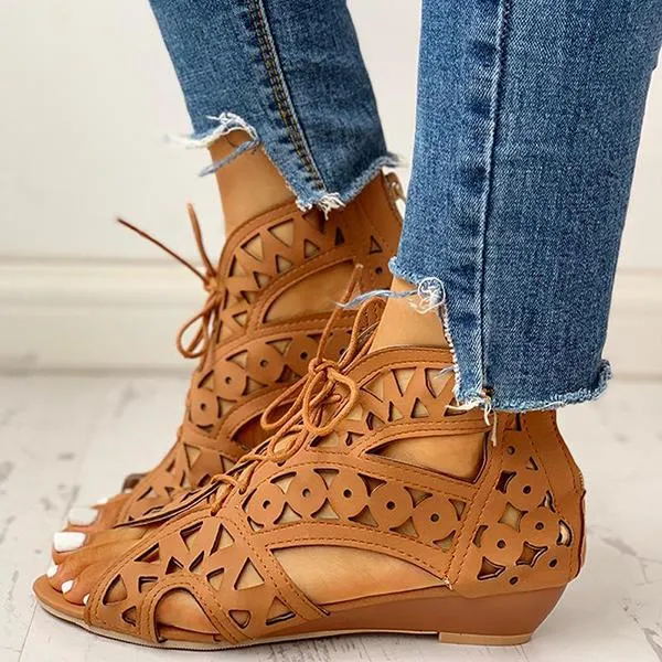 Hollow Out Lace-Up Pu Wedge Sandals