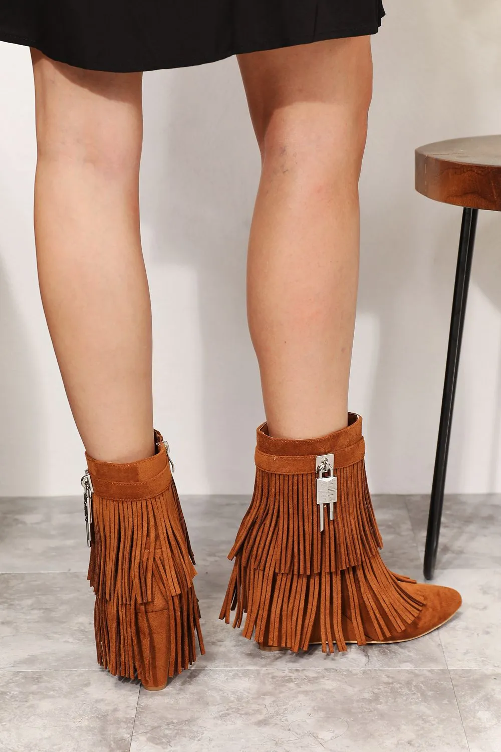 Legend Ochre Brown Tassel Wedge Heel Ankle Boots
