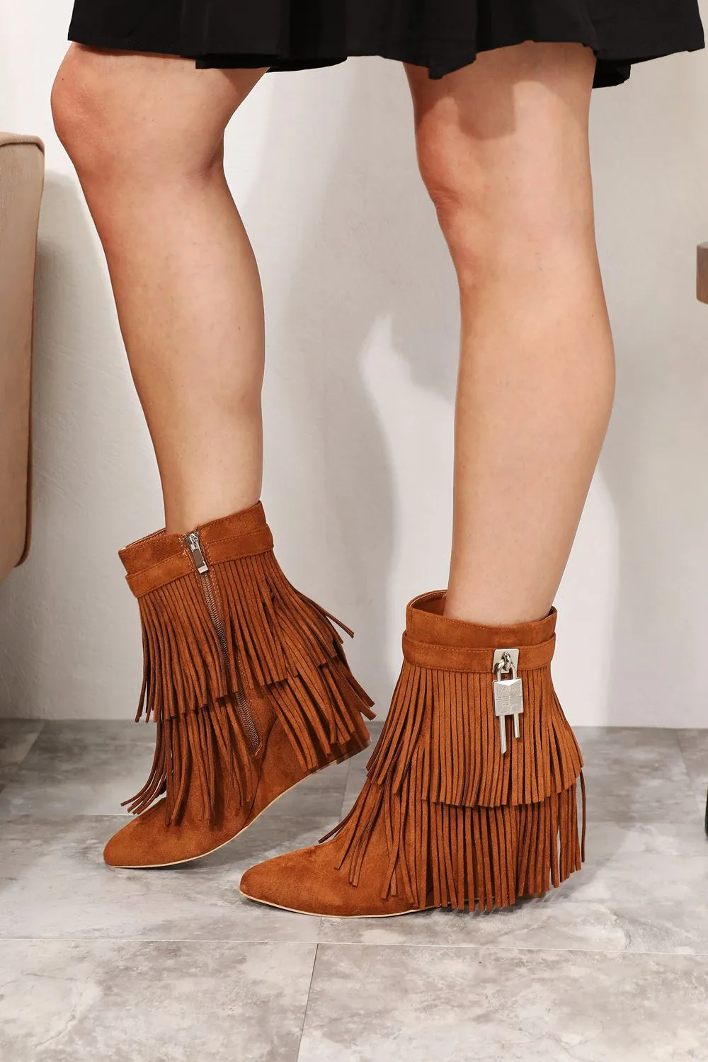 Legend Ochre Brown Tassel Wedge Heel Ankle Boots