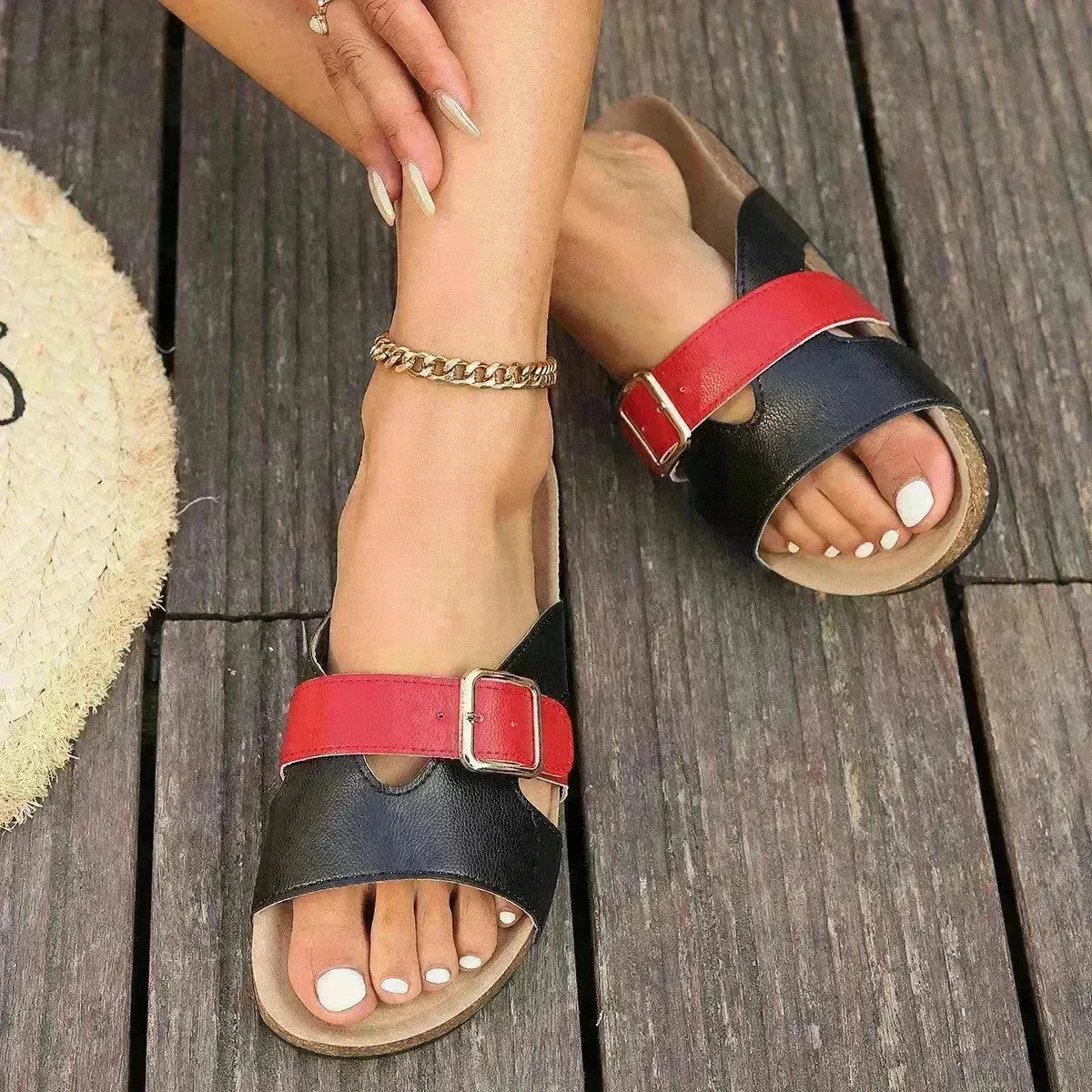 New Color Block Buckle Roman Shoes Summer Slides Flat Sandals Vacation Casual Beach Shoes For Women