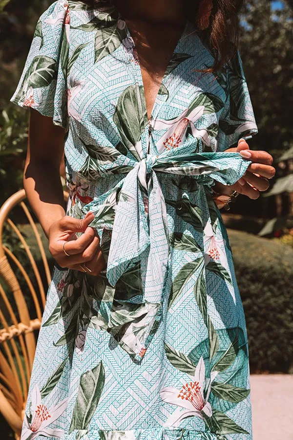 Secret Island Front Tie Ruffle Dress In Green