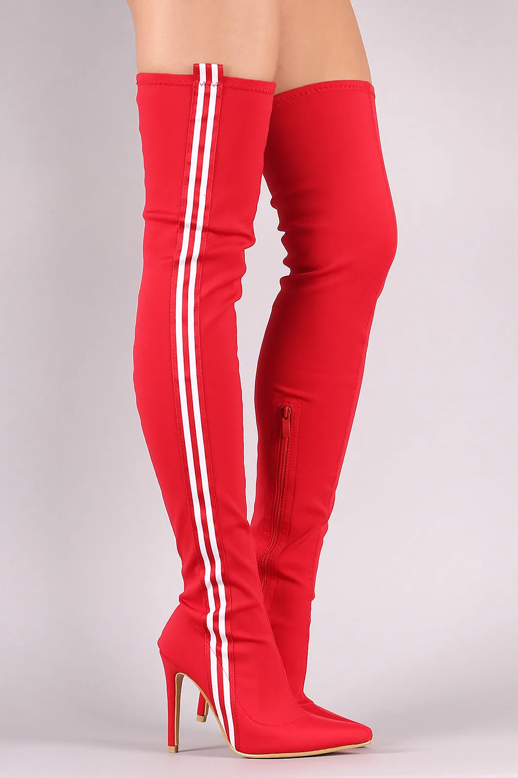 Side Stripe Pointy Toe Elastane Over-The-Knee Stiletto Boots