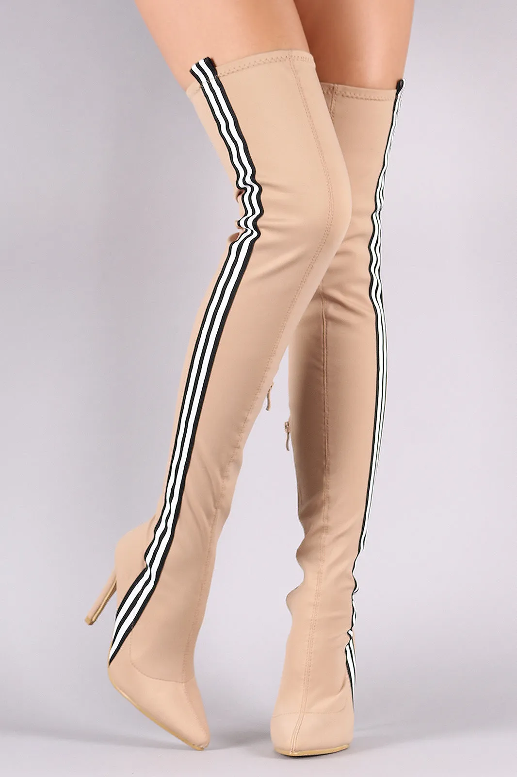 Side Stripe Pointy Toe Elastane Over-The-Knee Stiletto Boots