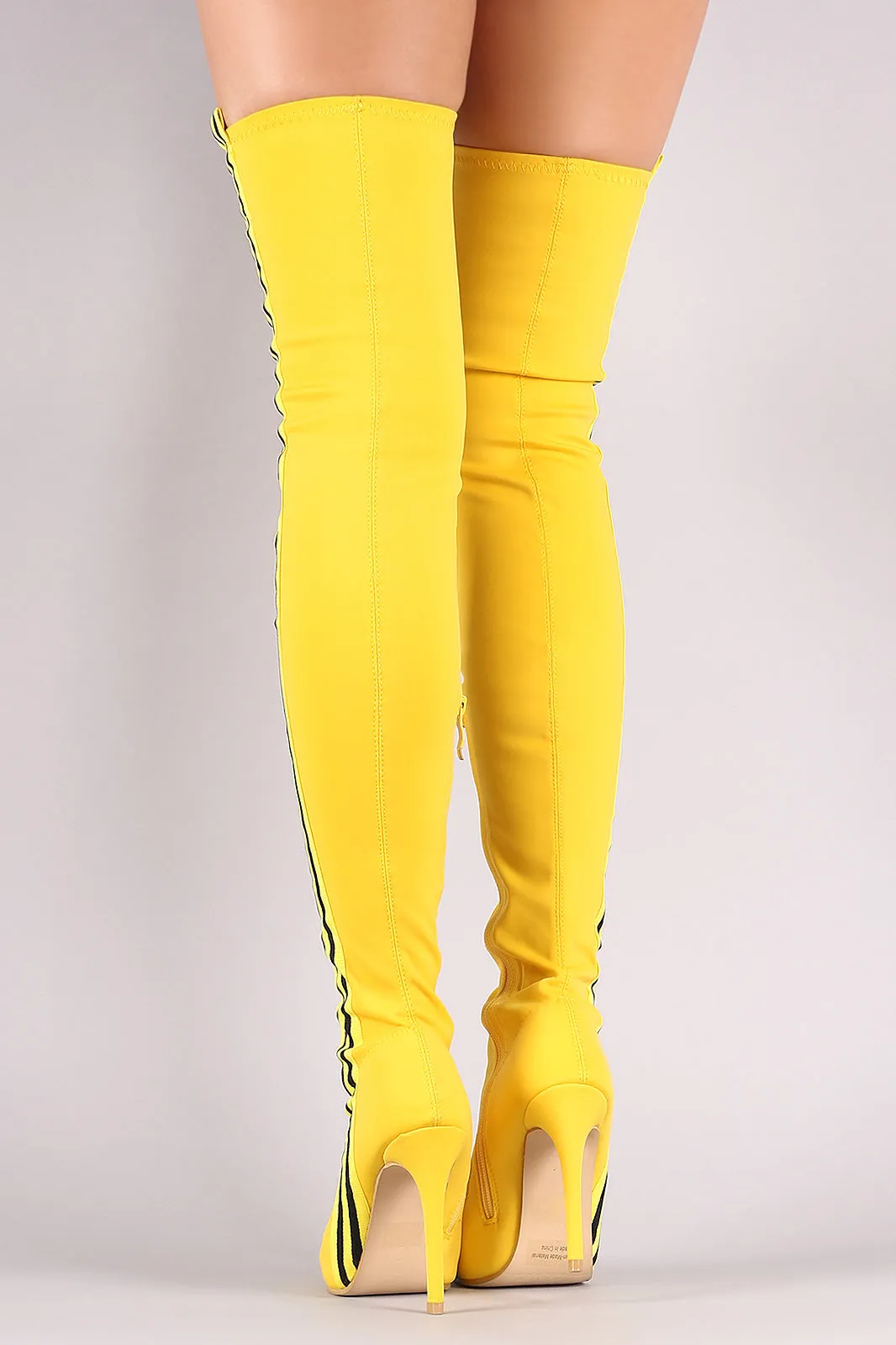Side Stripe Pointy Toe Elastane Over-The-Knee Stiletto Boots