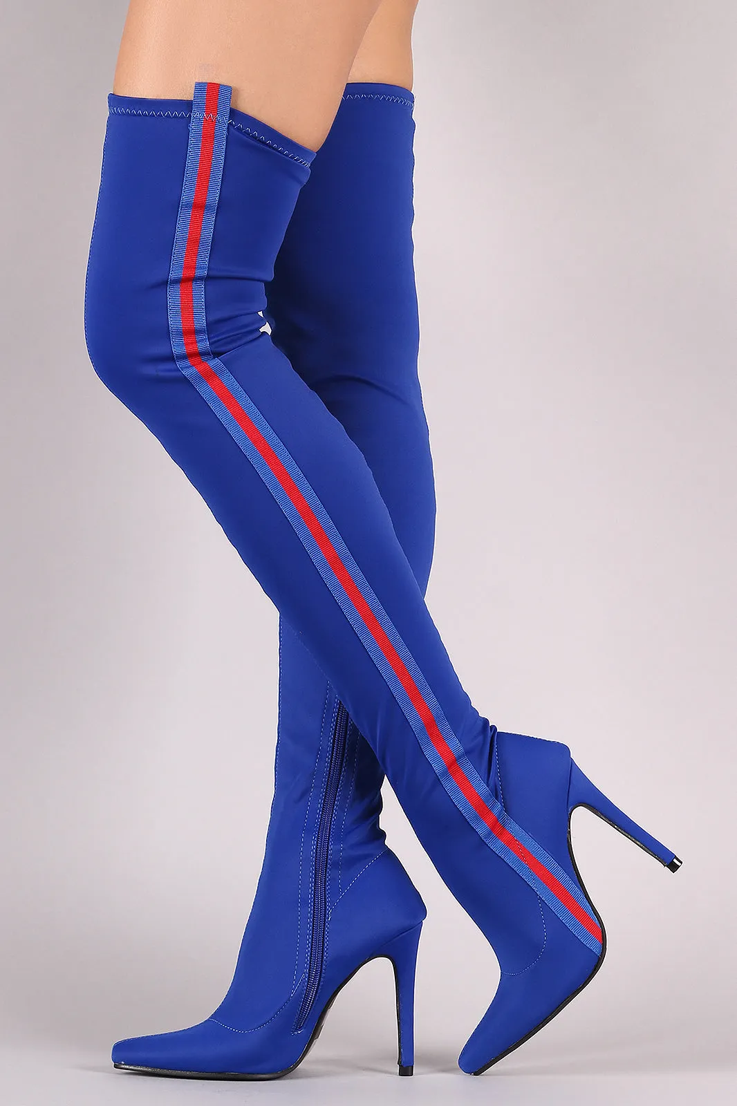 Side Stripe Pointy Toe Elastane Over-The-Knee Stiletto Boots