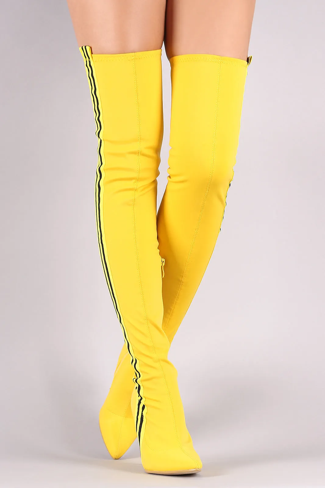 Side Stripe Pointy Toe Elastane Over-The-Knee Stiletto Boots