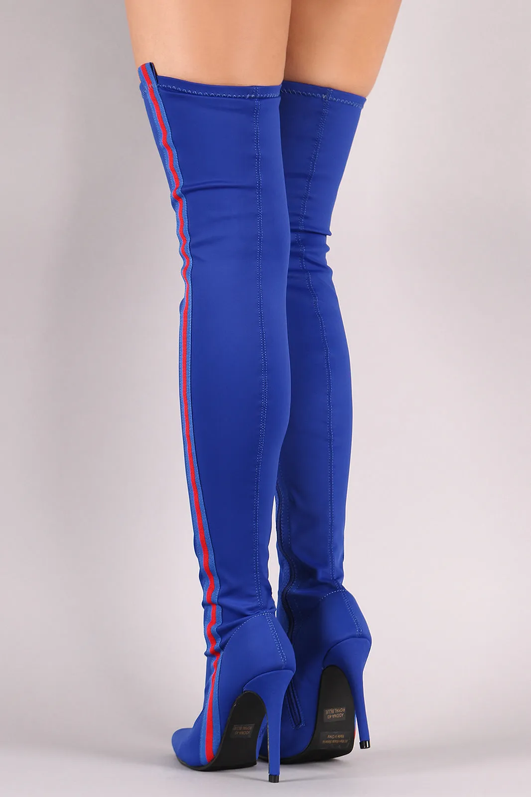 Side Stripe Pointy Toe Elastane Over-The-Knee Stiletto Boots