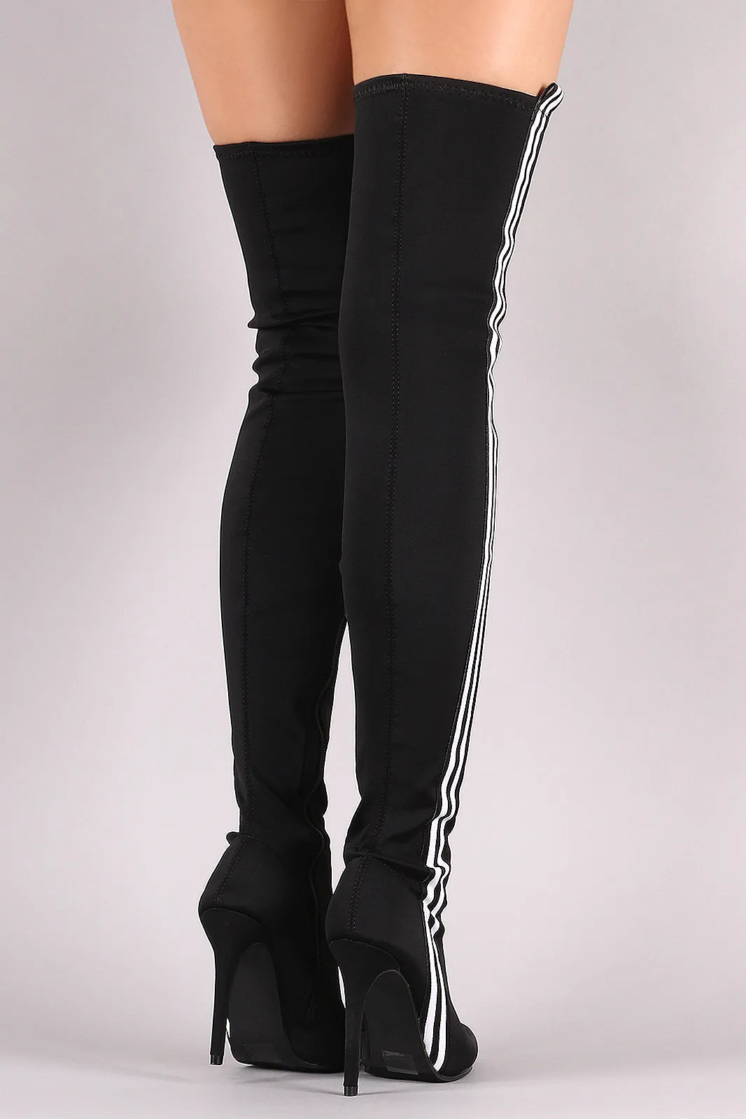 Side Stripe Pointy Toe Elastane Over-The-Knee Stiletto Boots
