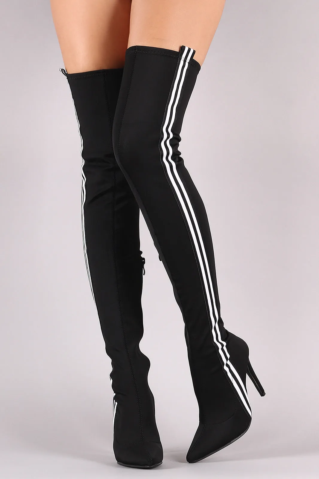 Side Stripe Pointy Toe Elastane Over-The-Knee Stiletto Boots