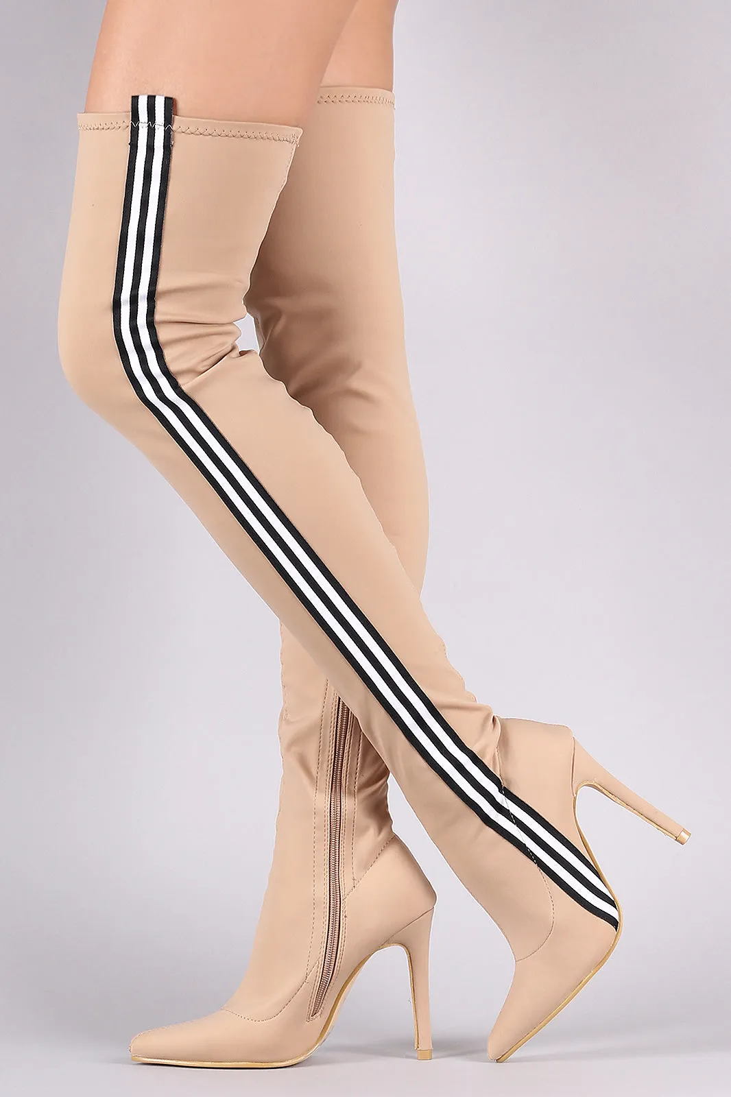 Side Stripe Pointy Toe Elastane Over-The-Knee Stiletto Boots
