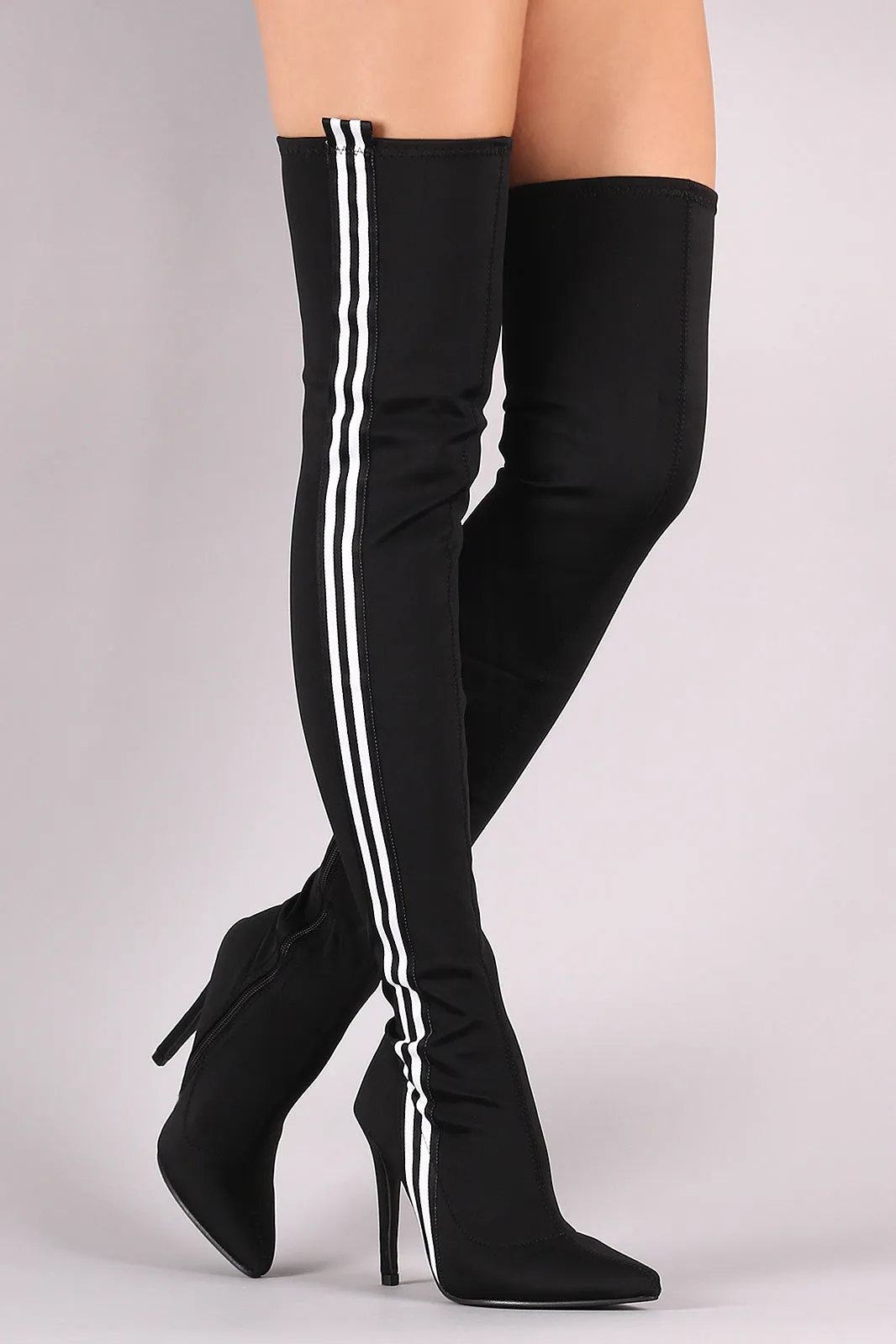 Side Stripe Pointy Toe Elastane Over-The-Knee Stiletto Boots