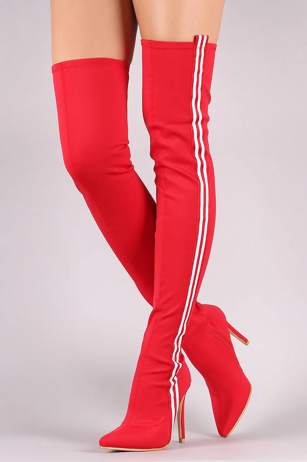 Side Stripe Pointy Toe Elastane Over-The-Knee Stiletto Boots