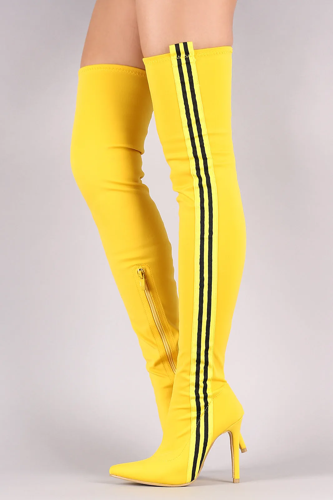 Side Stripe Pointy Toe Elastane Over-The-Knee Stiletto Boots