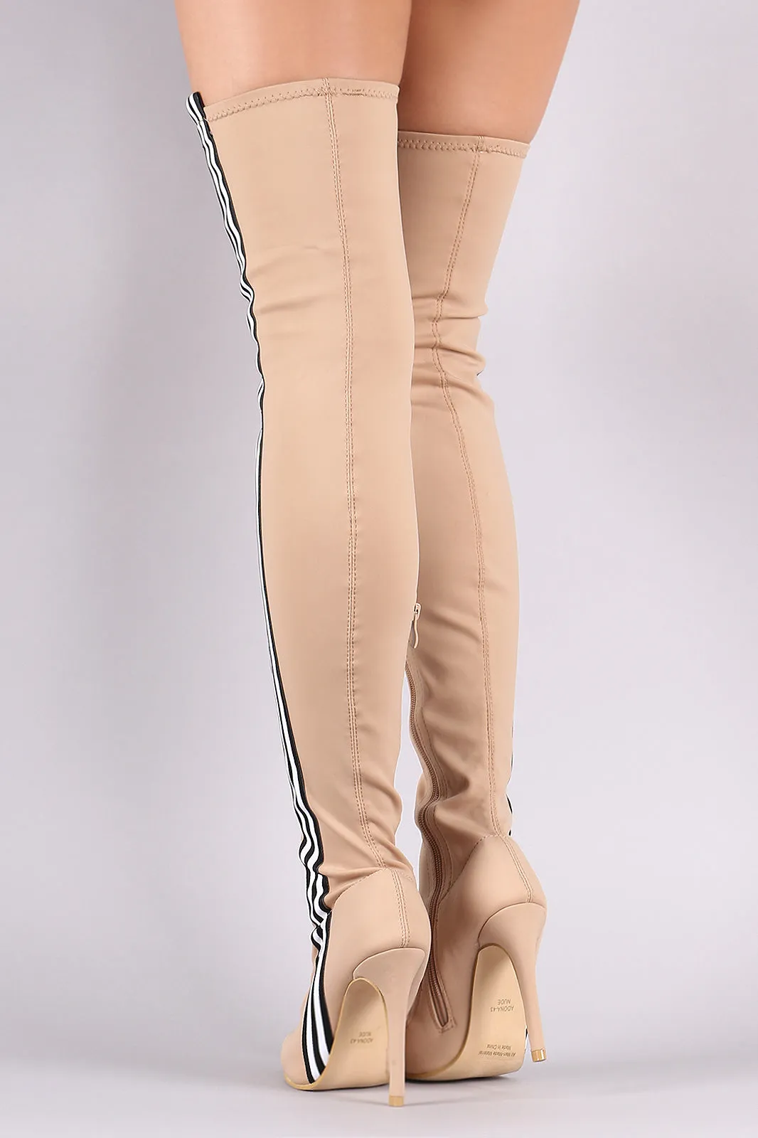 Side Stripe Pointy Toe Elastane Over-The-Knee Stiletto Boots