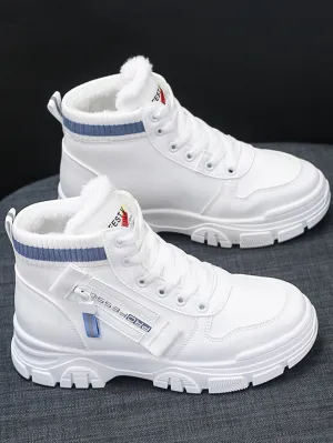 Striped Pattern Letter Patch Decor Lace-up Front Thermal Lined Snow Boots