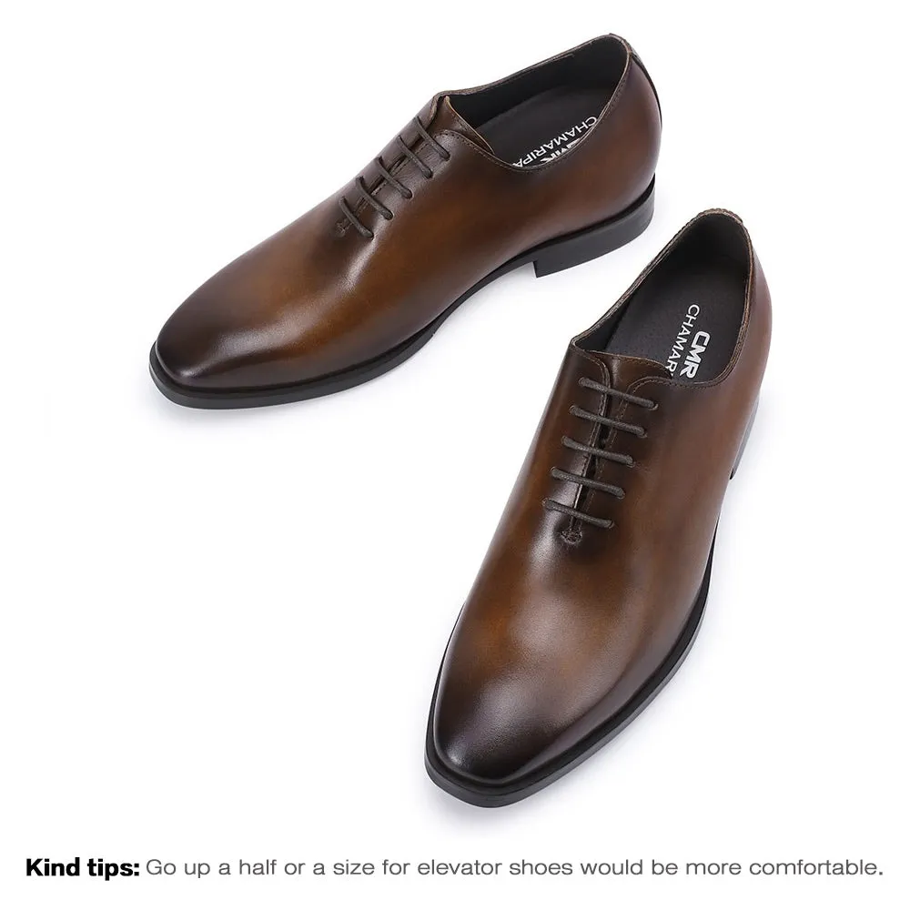 This item only ships to the United States - 7CM/ 2.76 Inches Taller - CMR CHAMARIPA Elevator Dress Shoes For Men - Brown Calfskin Wedding Shoes