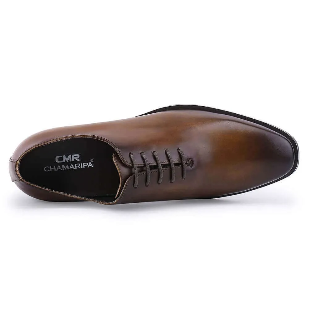 This item only ships to the United States - 7CM/ 2.76 Inches Taller - CMR CHAMARIPA Elevator Dress Shoes For Men - Brown Calfskin Wedding Shoes