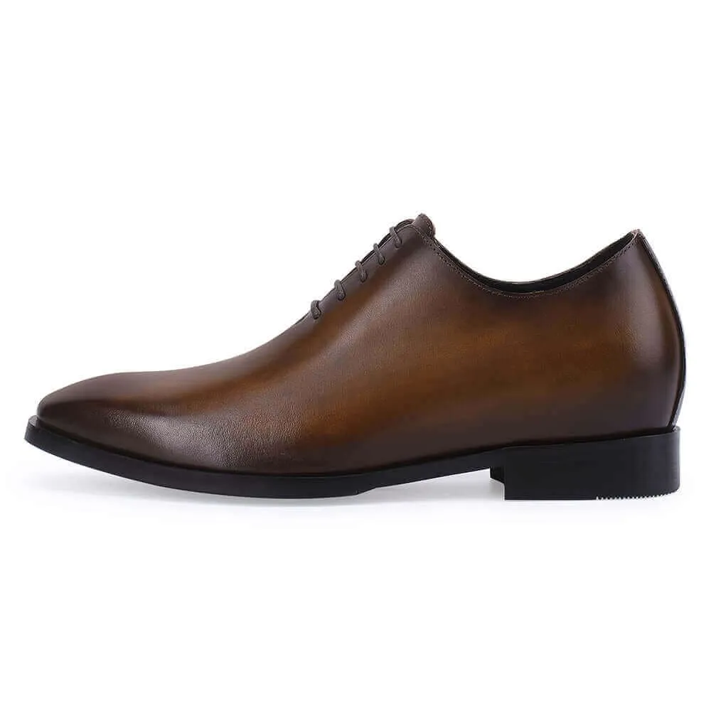 This item only ships to the United States - 7CM/ 2.76 Inches Taller - CMR CHAMARIPA Elevator Dress Shoes For Men - Brown Calfskin Wedding Shoes