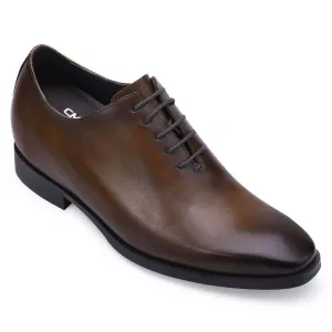 This item only ships to the United States - 7CM/ 2.76 Inches Taller - CMR CHAMARIPA Elevator Dress Shoes For Men - Brown Calfskin Wedding Shoes
