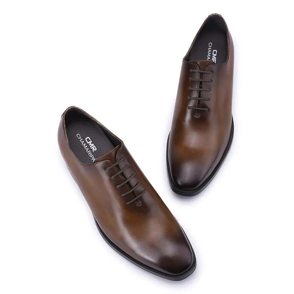 This item only ships to the United States - 7CM/ 2.76 Inches Taller - CMR CHAMARIPA Elevator Dress Shoes For Men - Brown Calfskin Wedding Shoes