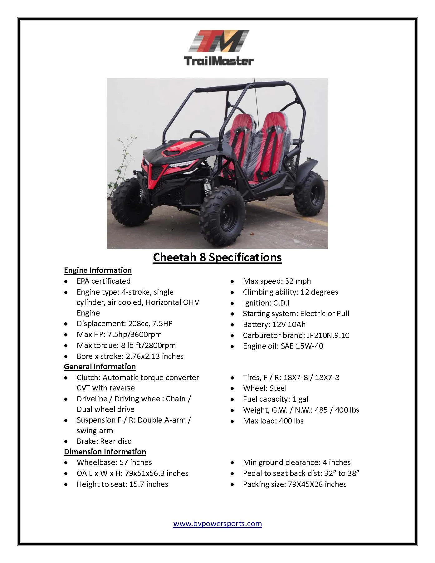 Trailmaster Cheetah 8 Off Road UTV / Go Kart / side-by-side with upgraded rear suspension