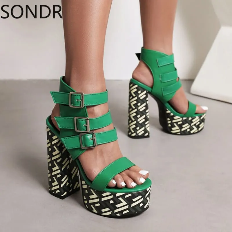 Vibrant Green Womens Platform Peep Toe Belt Buckle Sandals