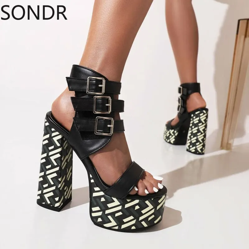 Vibrant Green Womens Platform Peep Toe Belt Buckle Sandals