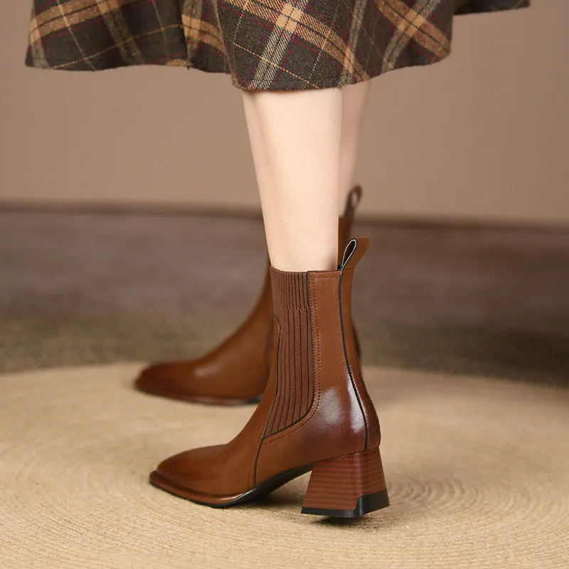 Womens French Vintage Chunky Heel Ankle Boots