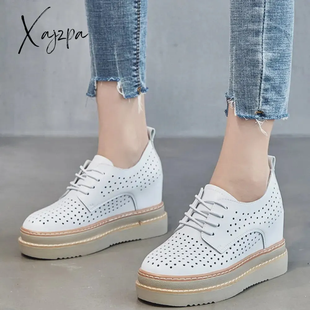 Xajzpa - 7cm Females Natural Genuine Leather Platform Sneakers Wedge Heels Rubber Hollow Breathable Summer Women Casual Shoes Dress