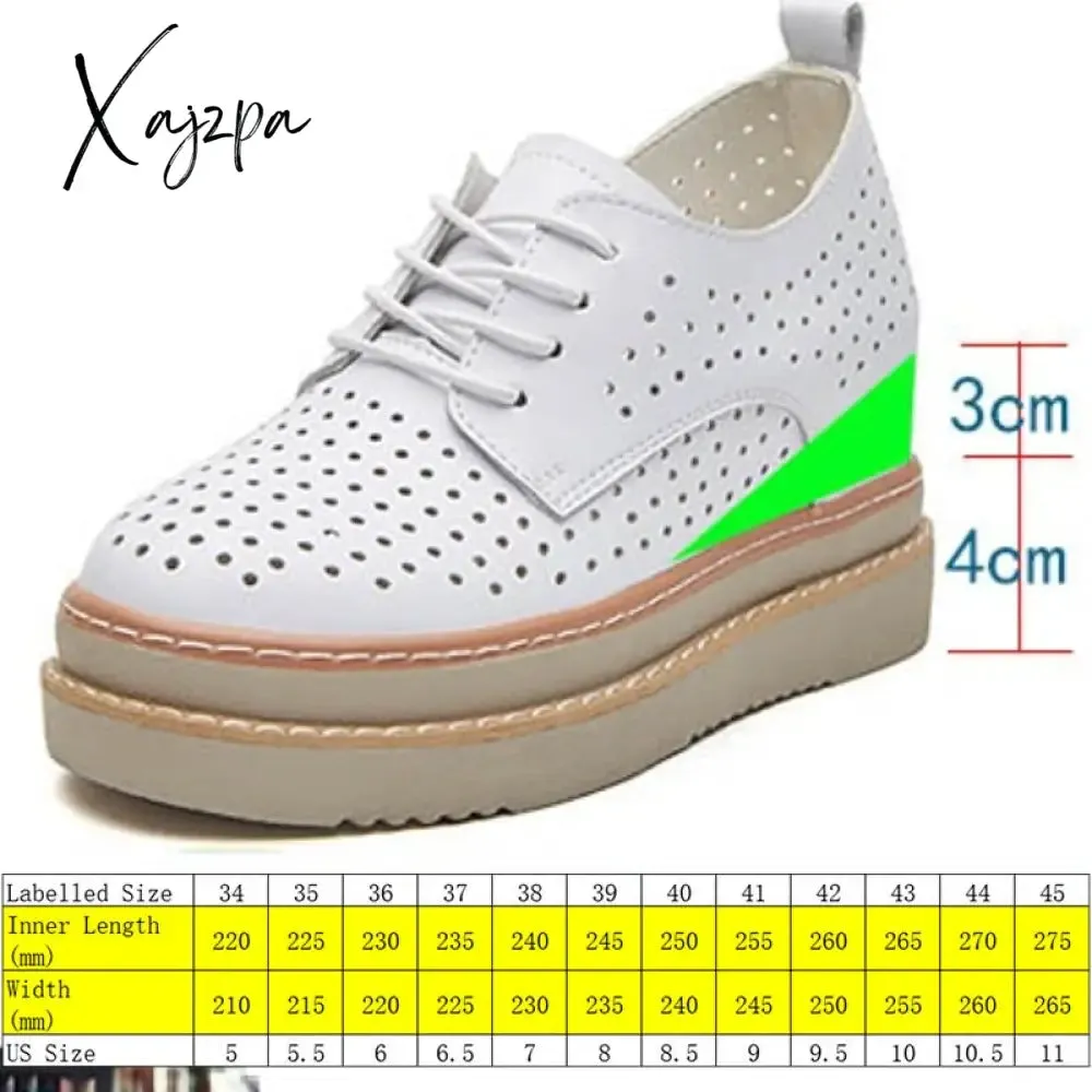 Xajzpa - 7cm Females Natural Genuine Leather Platform Sneakers Wedge Heels Rubber Hollow Breathable Summer Women Casual Shoes Dress