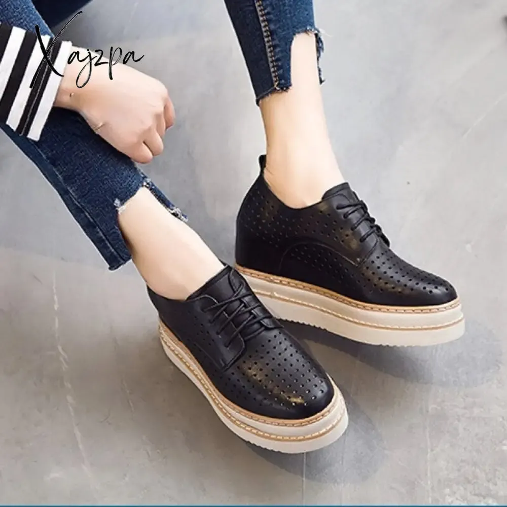Xajzpa - 7cm Females Natural Genuine Leather Platform Sneakers Wedge Heels Rubber Hollow Breathable Summer Women Casual Shoes Dress