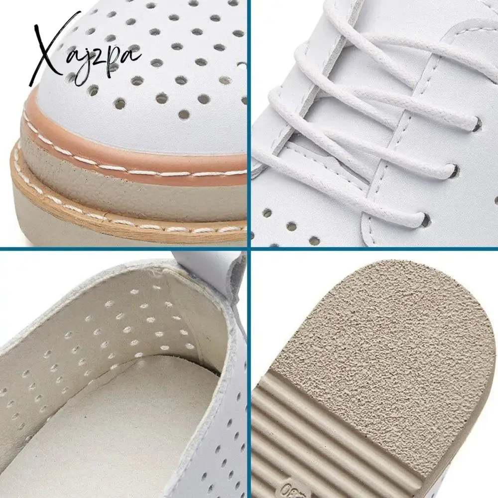 Xajzpa - 7cm Females Natural Genuine Leather Platform Sneakers Wedge Heels Rubber Hollow Breathable Summer Women Casual Shoes Dress
