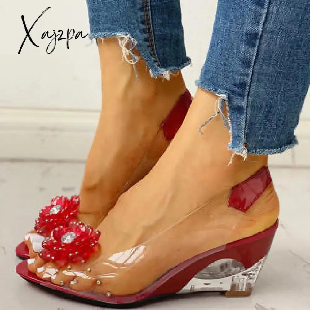Xajzpa - Women's Summer Flower Sandals Rhinestone Elegant Clear Slingback Sandals