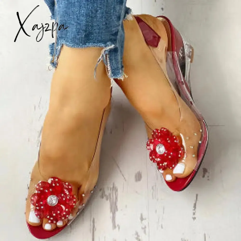 Xajzpa - Women's Summer Flower Sandals Rhinestone Elegant Clear Slingback Sandals