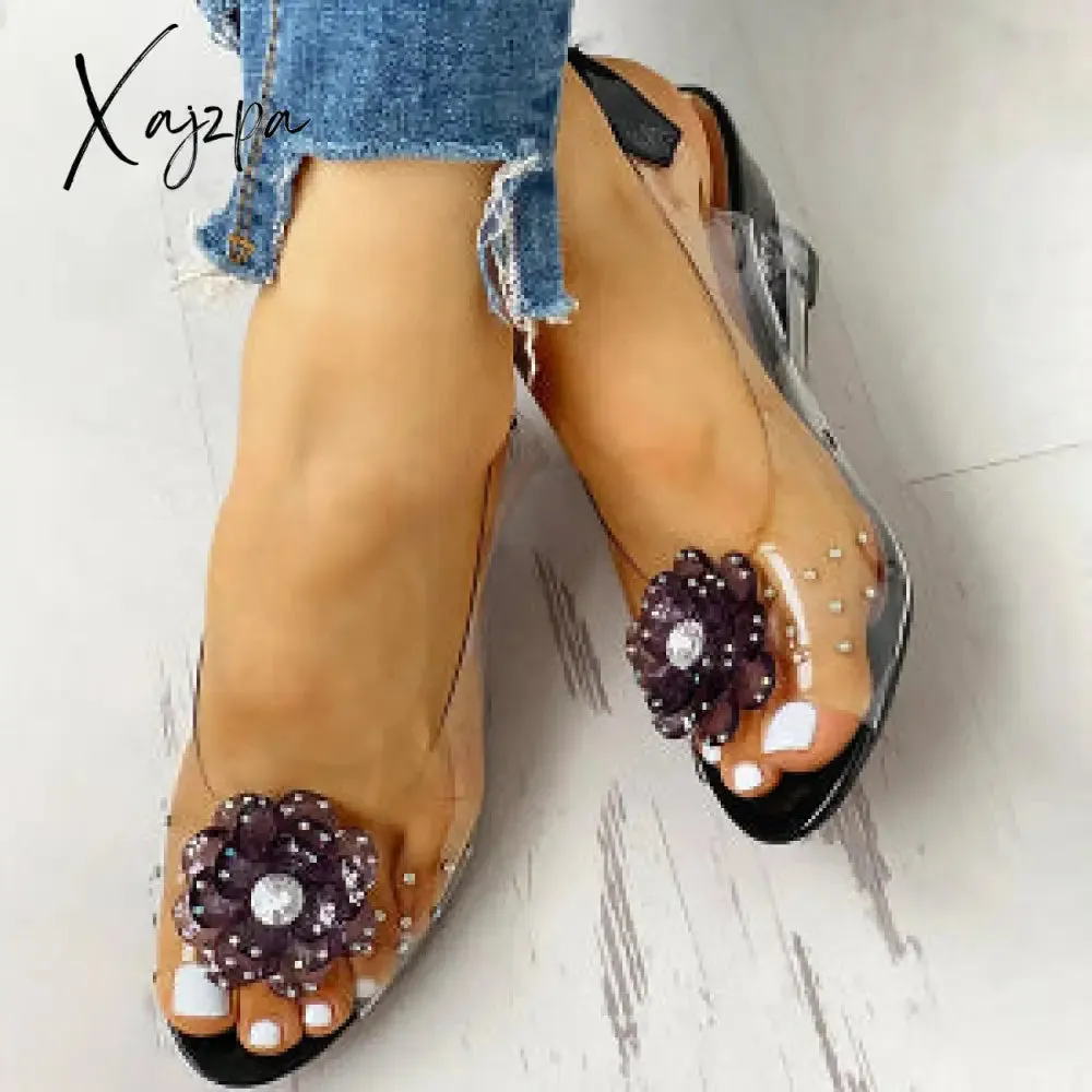 Xajzpa - Women's Summer Flower Sandals Rhinestone Elegant Clear Slingback Sandals