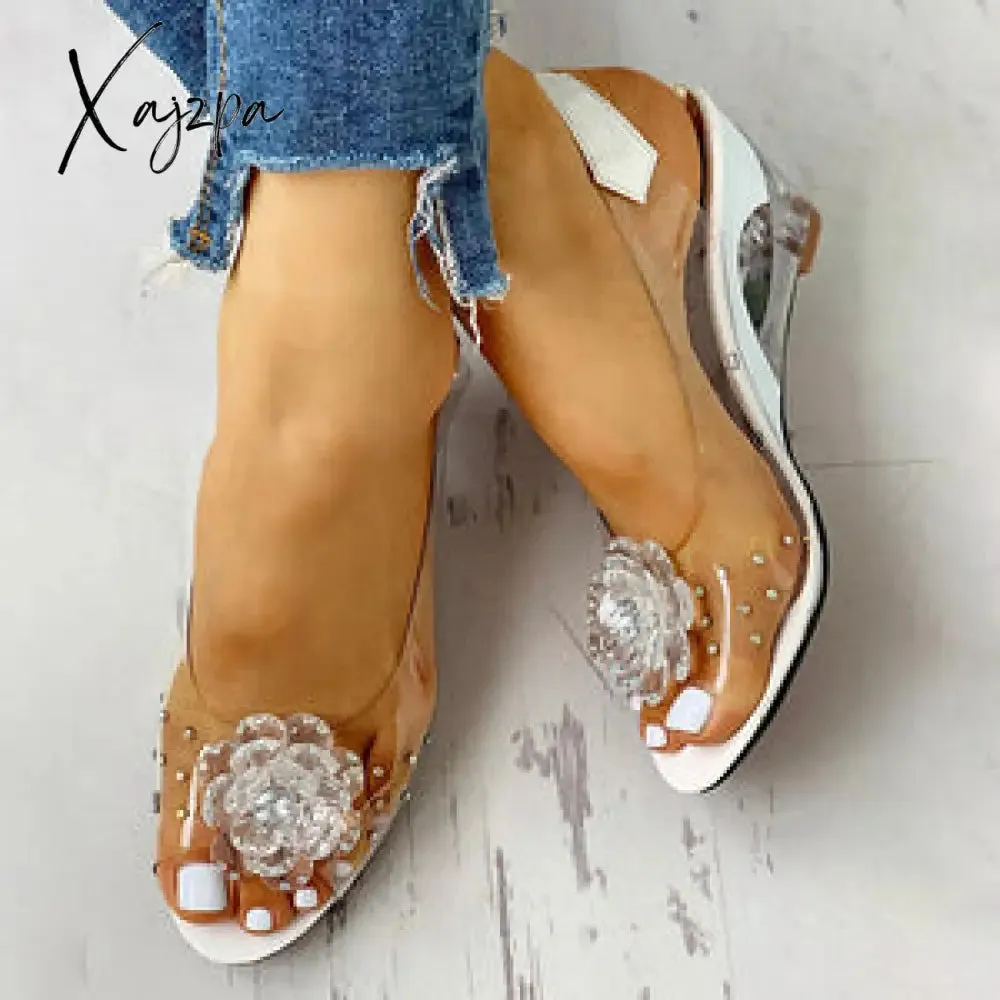Xajzpa - Women's Summer Flower Sandals Rhinestone Elegant Clear Slingback Sandals